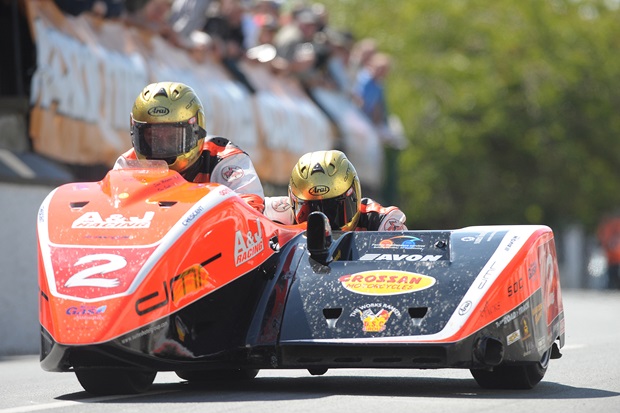 Dave Molyneux and Dan Sayle on the way to victory in the first Sure Sidecar TT (Stephen Davison/Pacemaker Press International)